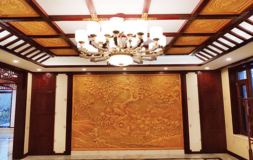 海棠中式别墅客厅中式木作横梁吊顶装饰展示
